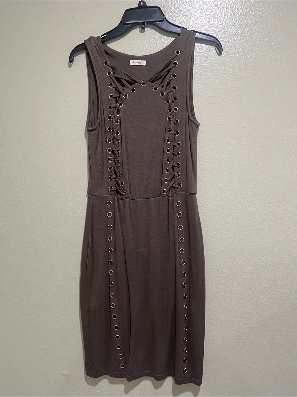 Eyelet Lace-Up Sleeveless Midi Dress in Brown
